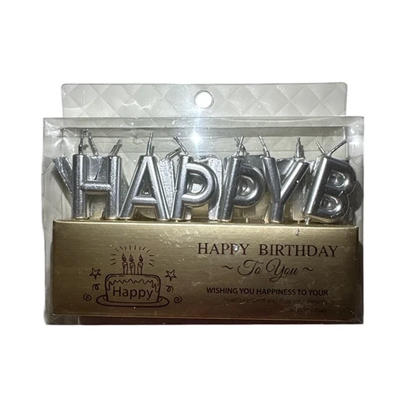 Ծննդյան մոմ «Happy Birthday» արծաթագույն